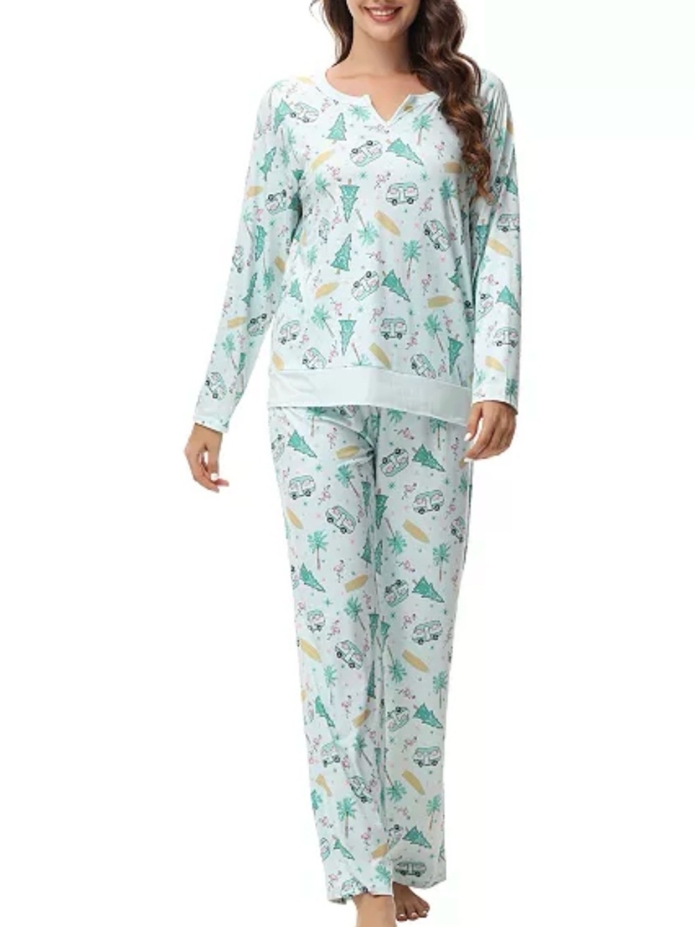 INK + IVY Women's Long Sleeve Notch Collar Top/Lounge Pants 2 Piece Pajama Set